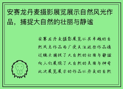 安赛龙丹麦摄影展览展示自然风光作品，捕捉大自然的壮丽与静谧